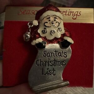 New Brooch Pin Christmas Santa's Christmas List Silver Tone Enamel Dangling Bell